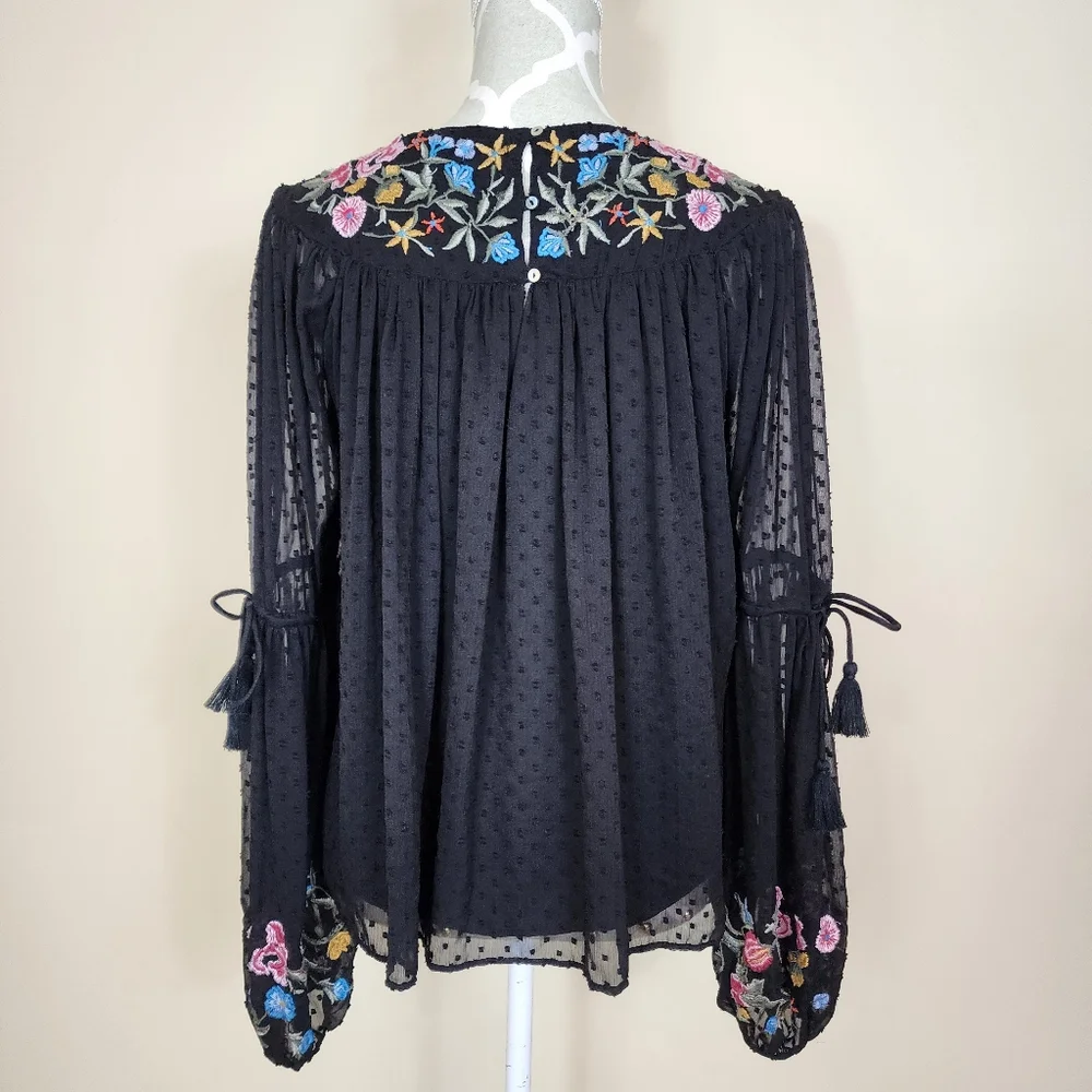 ZARA Trafaluc Black Embroidered Floral Long Sleeve Tassel Chiffon Top Boho XS - Picture 1 of 12